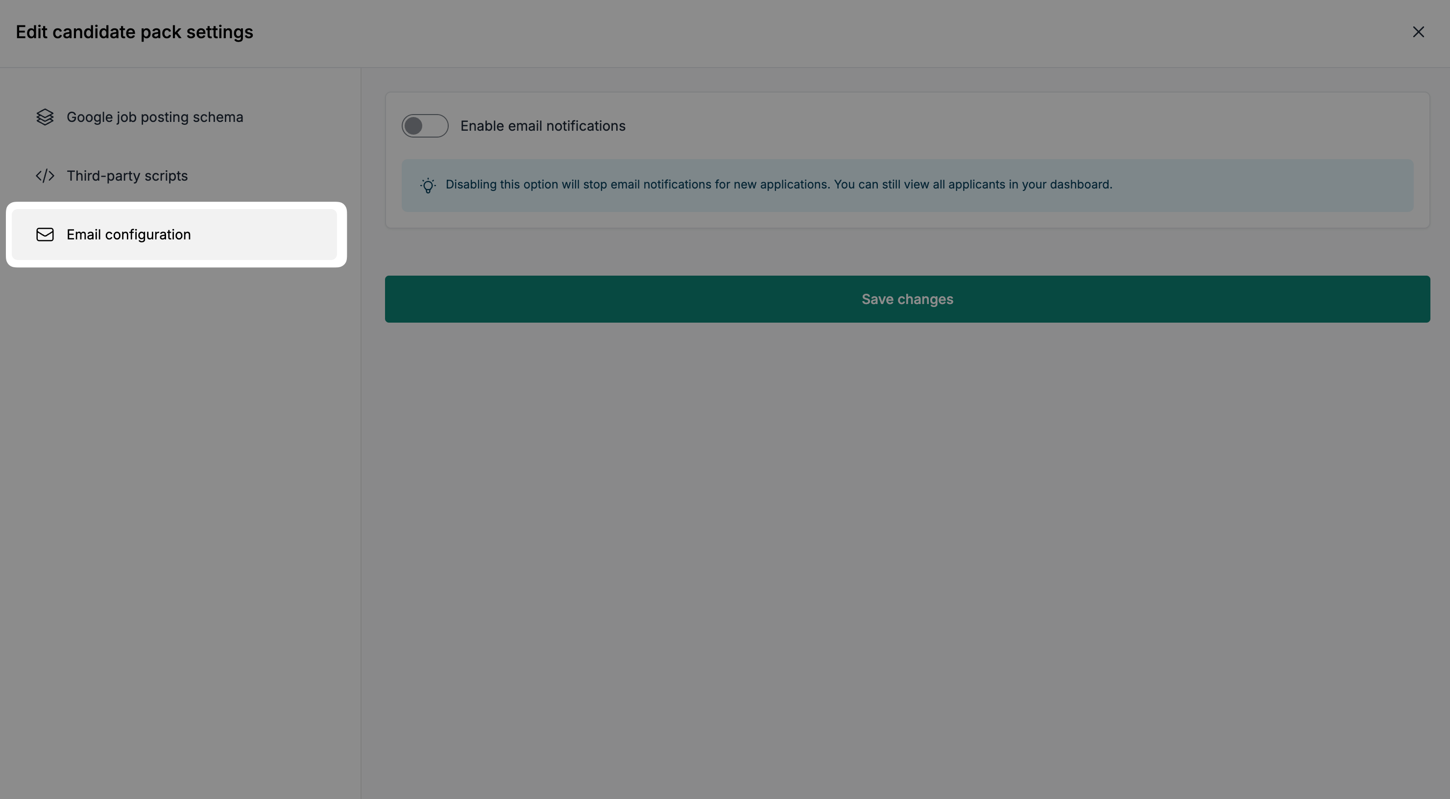 Email configuration tab