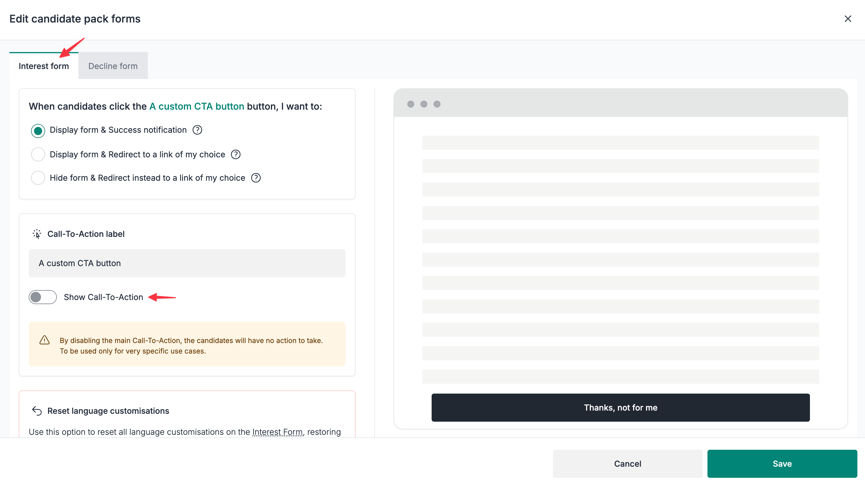 Disable the main Call-To-Action buttons